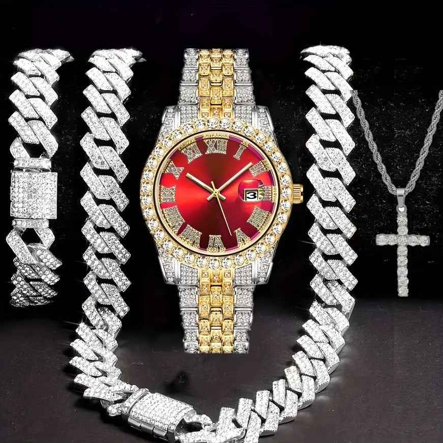 Hip Hop Bracelet Necklace Diamond-embedded Watch Suit featuring a red-faced gold and silver watch, iced-out bracelets, and a cross pendant chain. Ideal for streetwear fashion and luxury accessories.