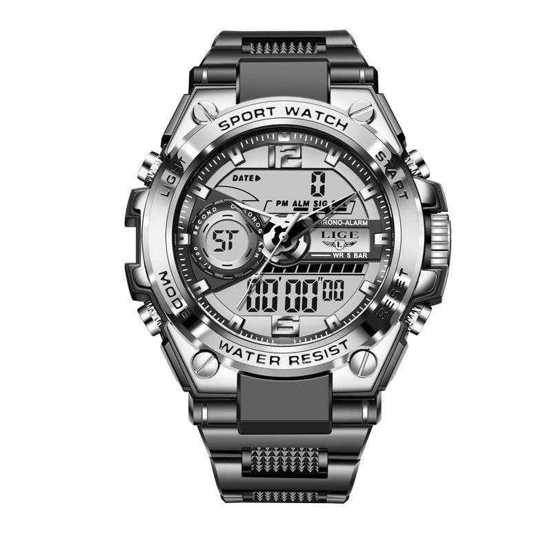 Dual Display Advanced Quartz Fashion Electronic Sports Watch in silver and black with digital and analog time, water-resistant and multifunctional.