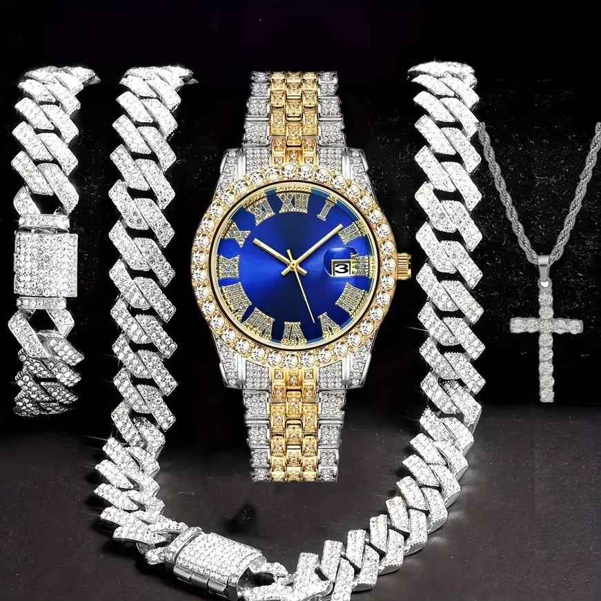 Hip Hop Bracelet Necklace Diamond-embedded Watch Suit featuring a gold and silver watch with blue dial, matching iced-out bracelets and cross pendant chain. Ideal for streetwear fashion and luxury hip hop accessories.
