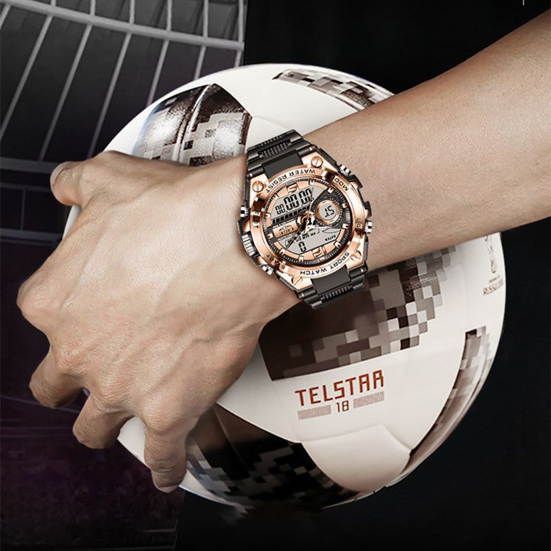 Dual Display Advanced Quartz Fashion Electronic Sports Watch in black and gold worn on wrist, shown gripping a Telstar 18 soccer ball.