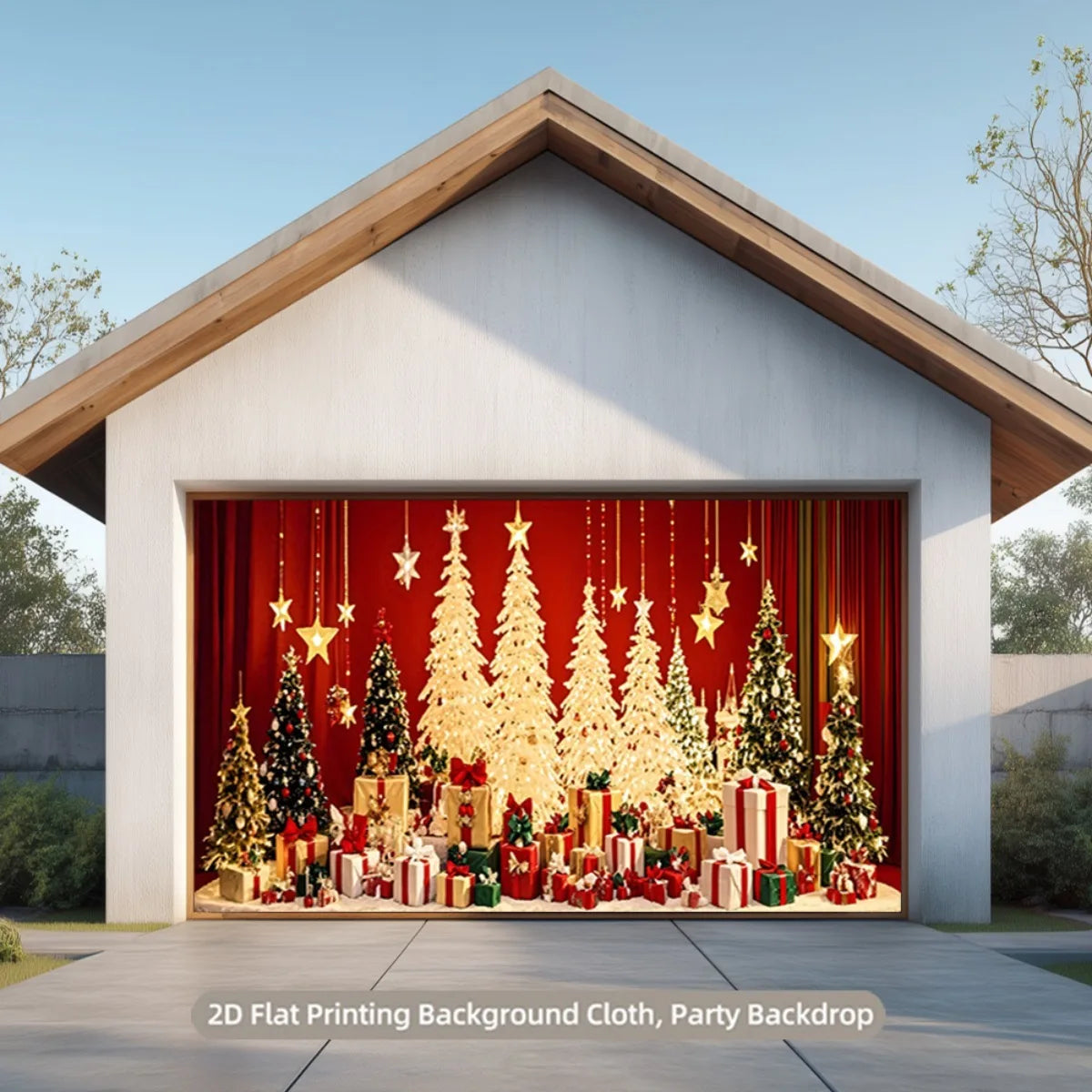 Christmas decorations with bright Christmas trees and colorful gift boxes between the red curtain: Light up the holiday dream