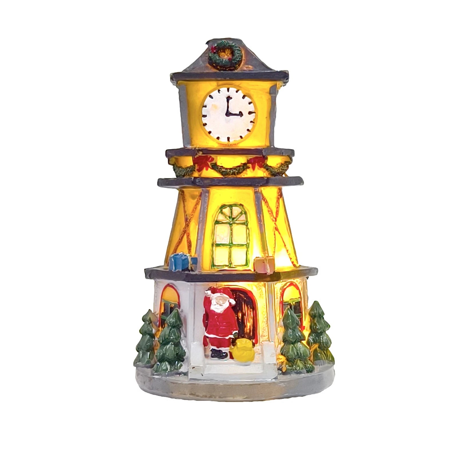 LED Christmas Resin Small House Ornaments Luminous Resin Clock Tower Wonderland Displays or Nightlight Nursery Village House