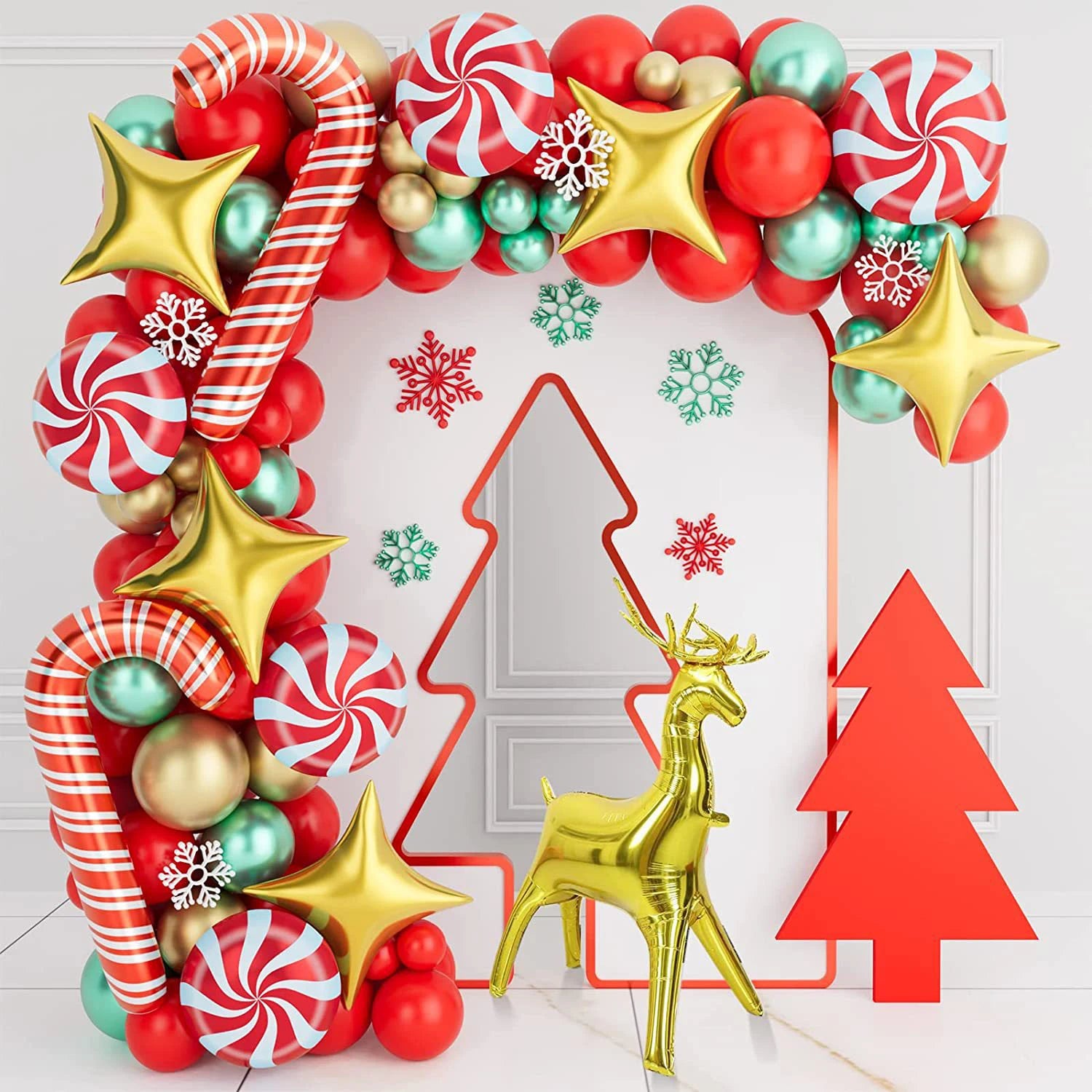 Christmas crutches, candy, golden deer, balloon decoration, red, green, four cornered stars, home, school, shopping mall,