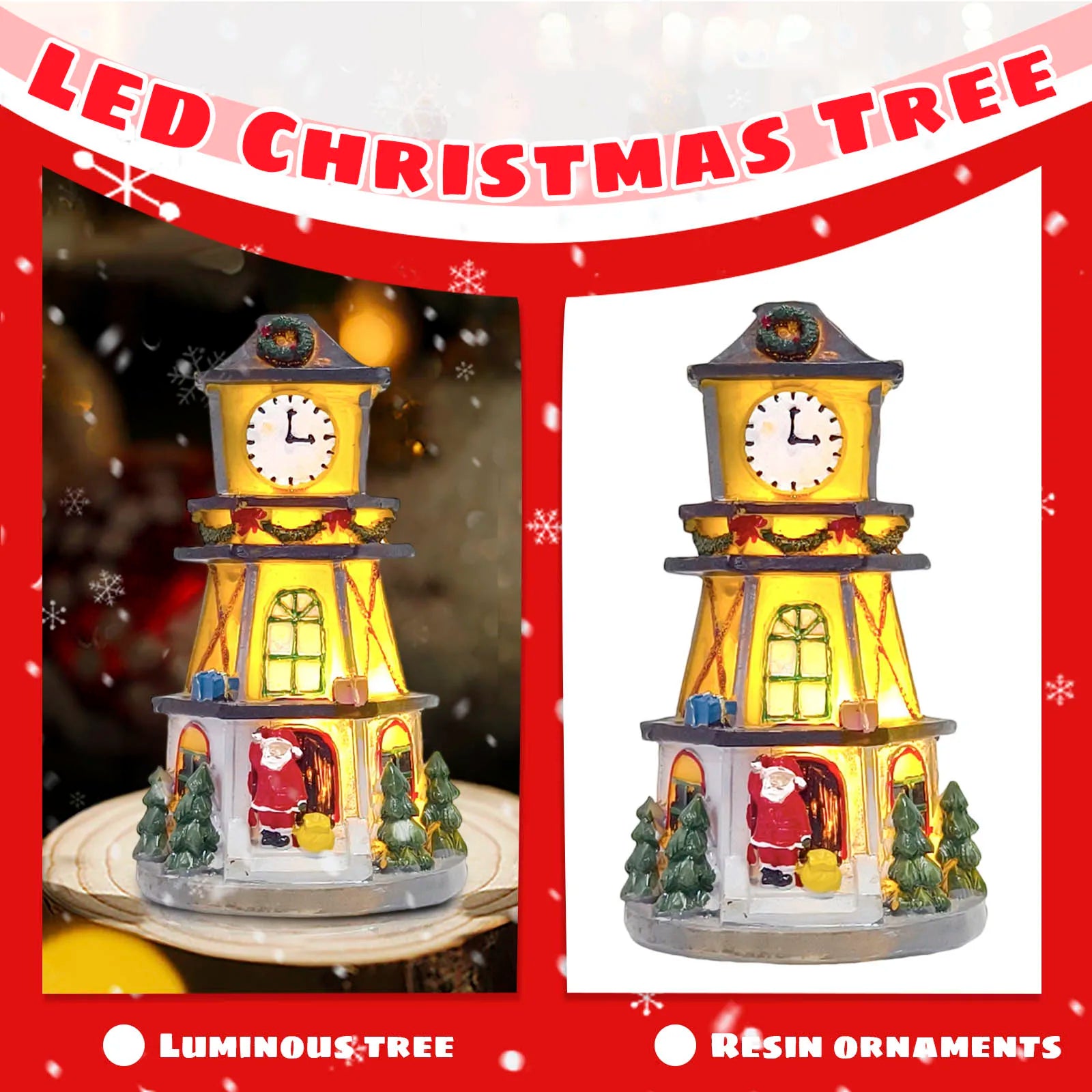 LED Christmas Resin Small House Ornaments Luminous Resin Clock Tower Wonderland Displays or Nightlight Nursery Village House