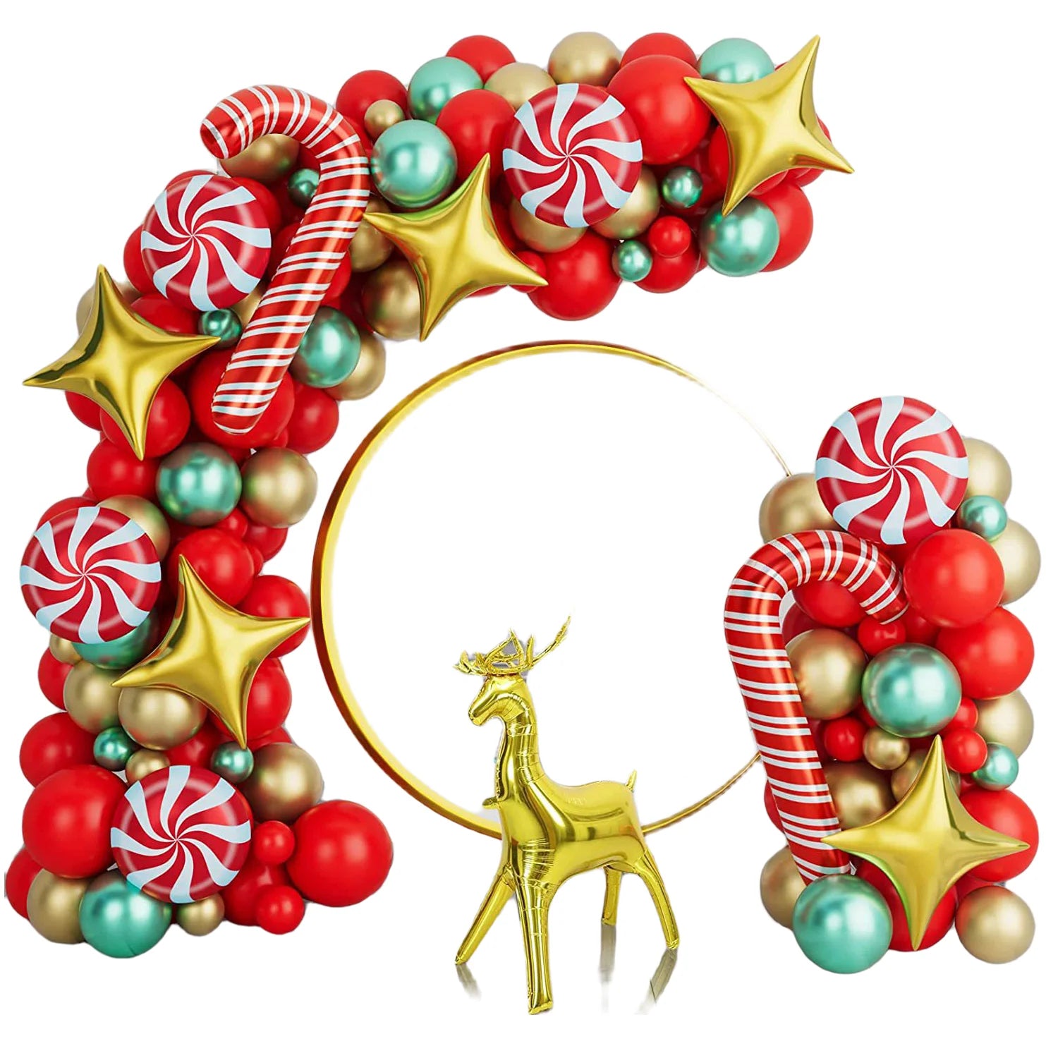 Christmas crutches, candy, golden deer, balloon decoration, red, green, four cornered stars, home, school, shopping mall,