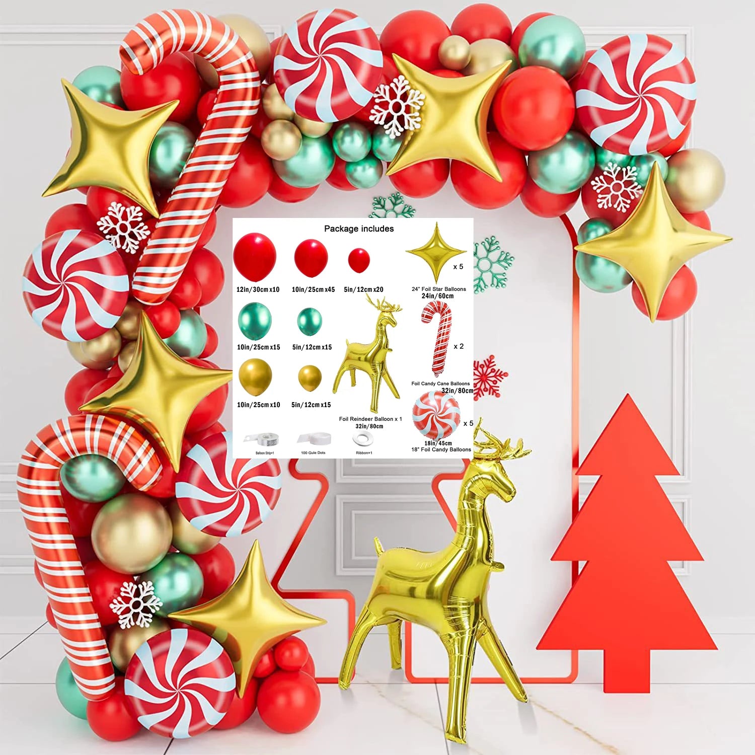 Christmas crutches, candy, golden deer, balloon decoration, red, green, four cornered stars, home, school, shopping mall,