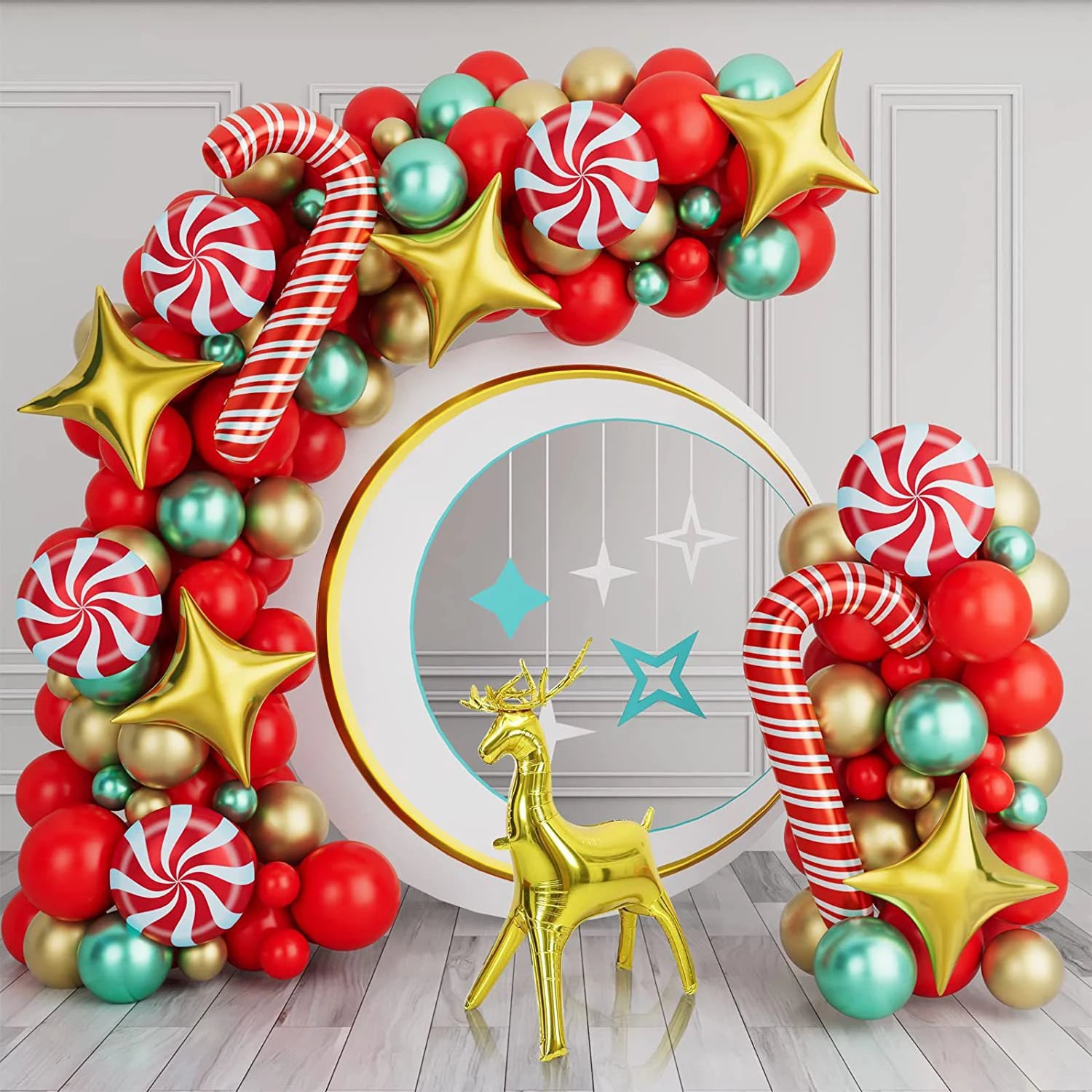 Christmas crutches, candy, golden deer, balloon decoration, red, green, four cornered stars, home, school, shopping mall,