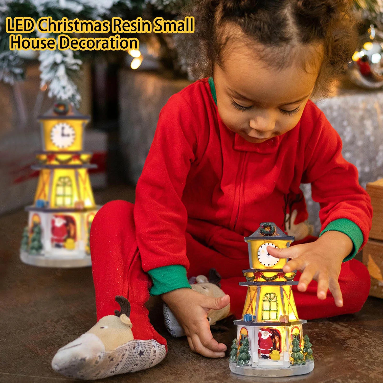 LED Christmas Resin Small House Ornaments Luminous Resin Clock Tower Wonderland Displays or Nightlight Nursery Village House
