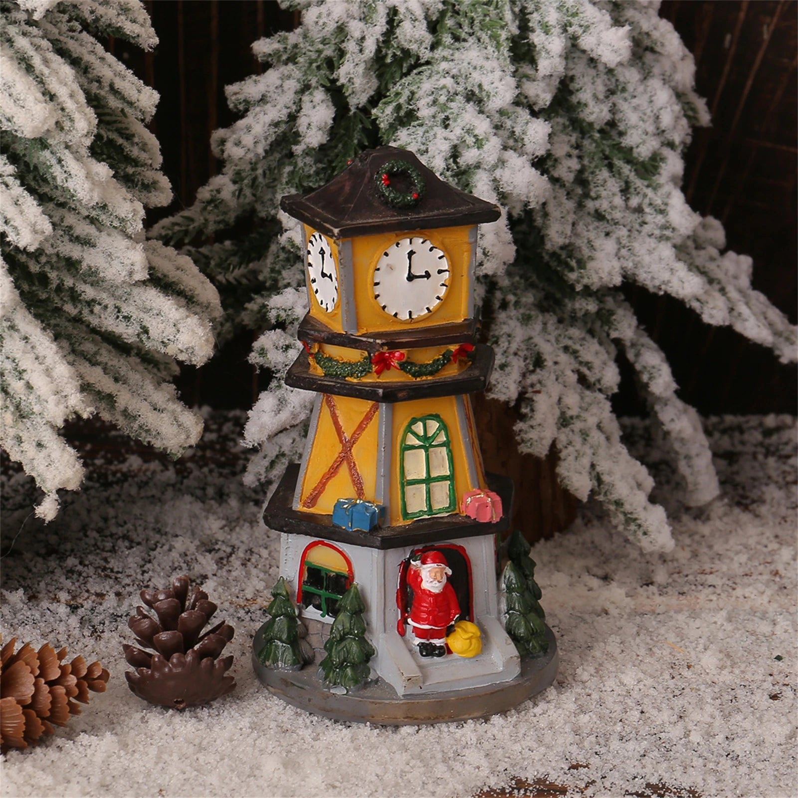 LED Christmas Resin Small House Ornaments Luminous Resin Clock Tower Wonderland Displays or Nightlight Nursery Village House