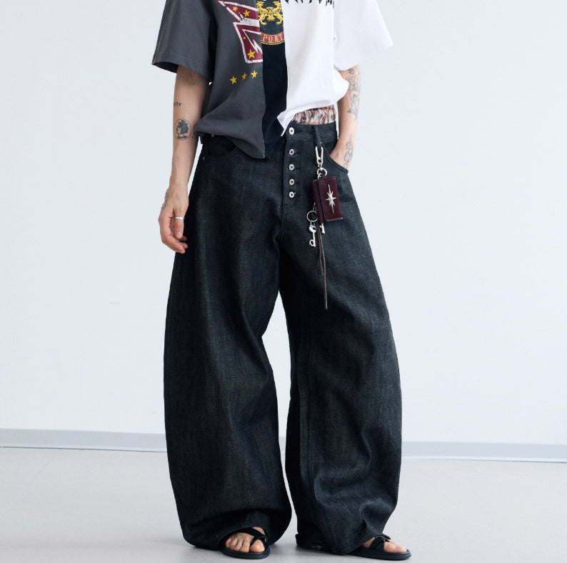 Simple And Versatile Black Raw Denim Wide-leg Jeans