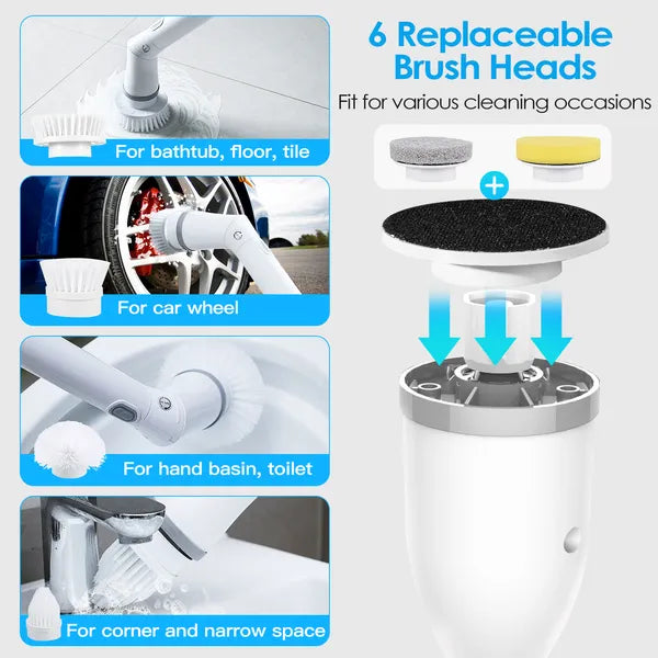 Electric Spin Scrubber Cordless Rechargeable Telescopic Cleaning Brush 6 Replaceable Heads 2 Speed Adjustable Extension Arm Bathroom Tub Tile Floor