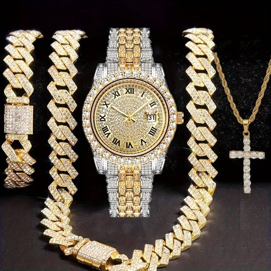 Hip Hop Bracelet Necklace Diamond-embedded Watch Suit featuring gold and silver iced-out watch, Cuban link chains, and cross pendant necklace. Ideal for streetwear fashion and hip hop jewelry collections.