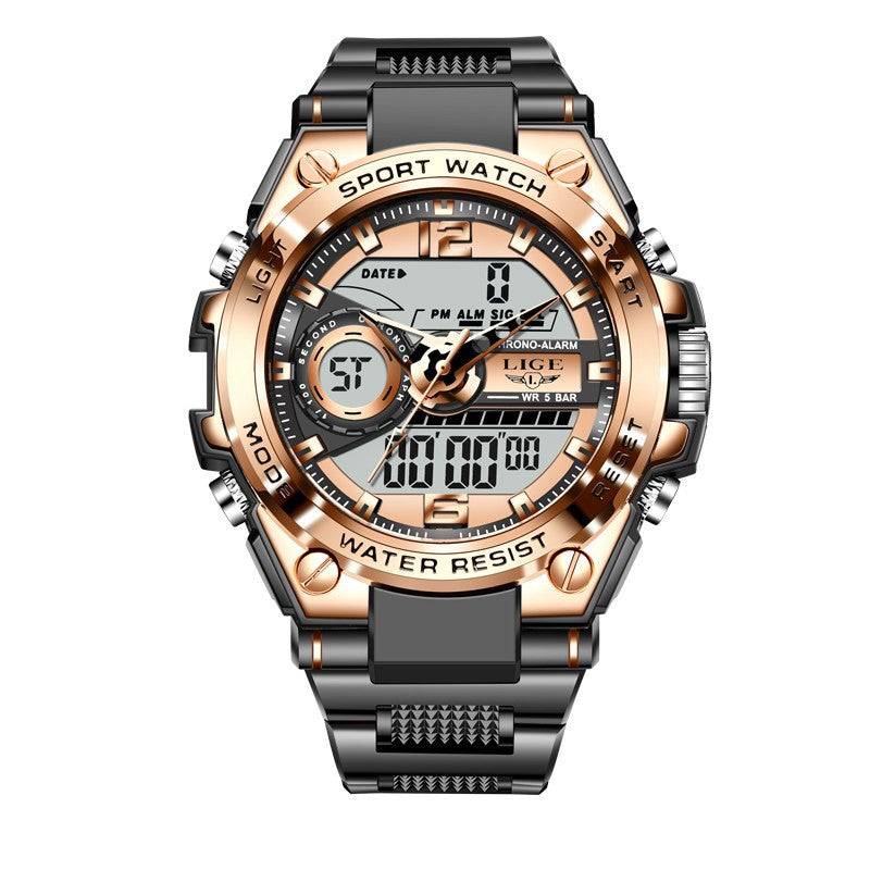 Dual Display Advanced Quartz Fashion Electronic Sports Watch with black and rose gold finish, featuring digital and analog time display.
