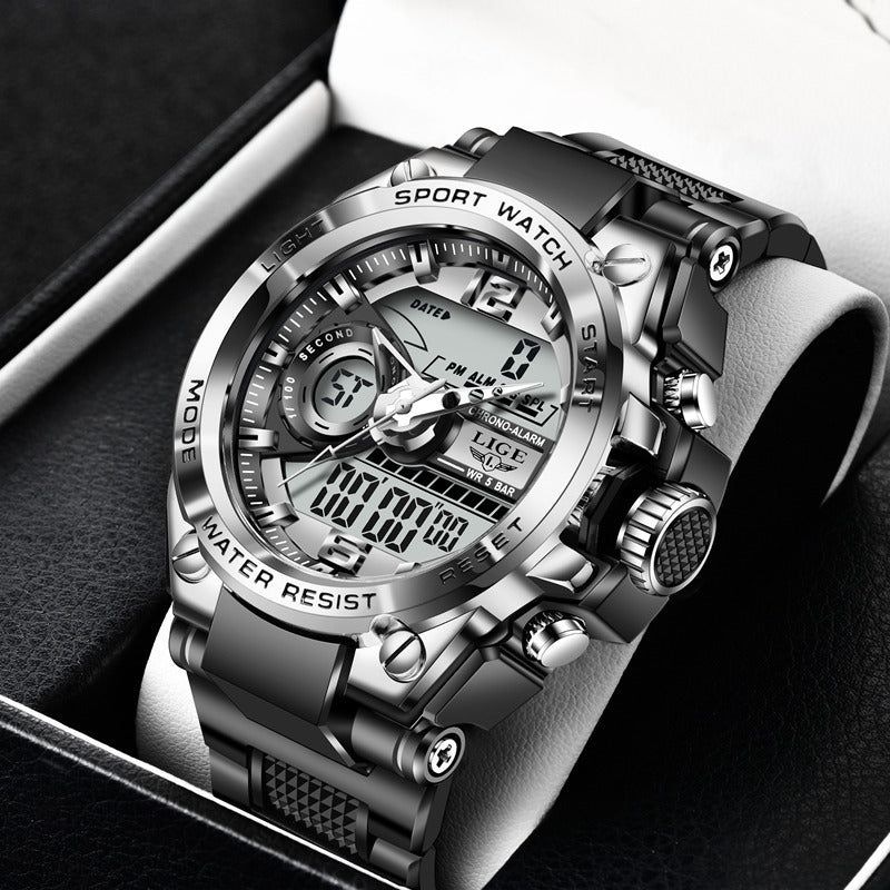 Dual Display Advanced Quartz Fashion Electronic Sports Watch in silver black with analog and digital display, water-resistant and multifunctional.