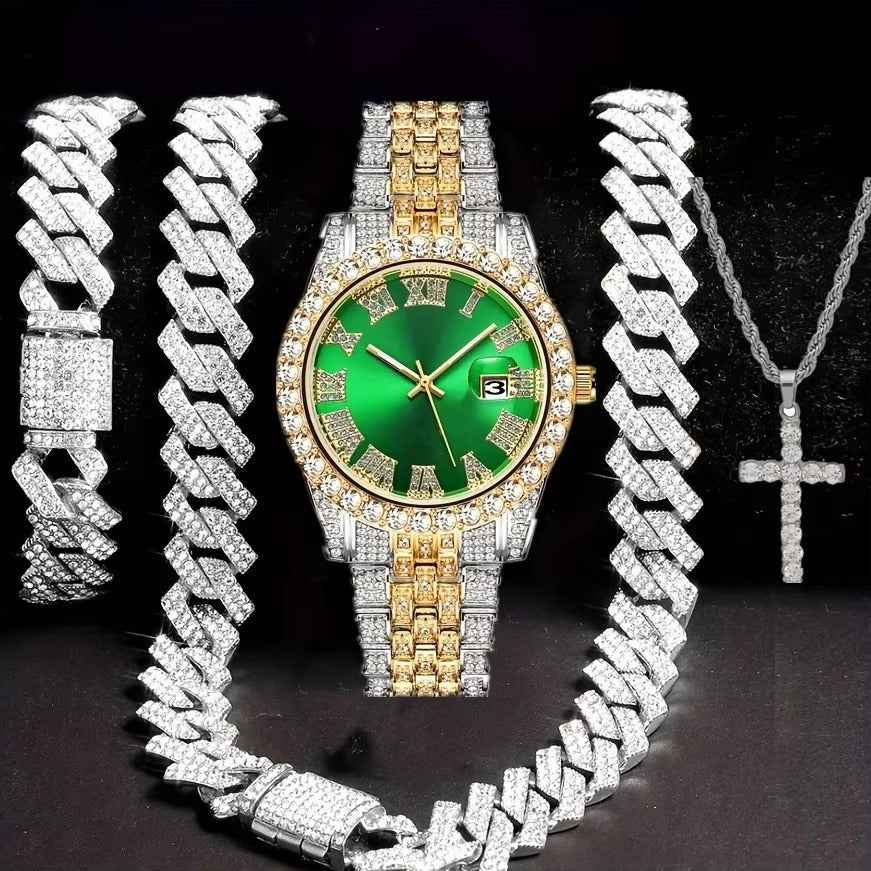 Hip Hop Bracelet Necklace Diamond-embedded Watch Suit featuring a green dial gold-silver watch, iced-out Cuban link chains, and cross pendant necklace. Ideal for streetwear fashion and luxury hip hop accessories.