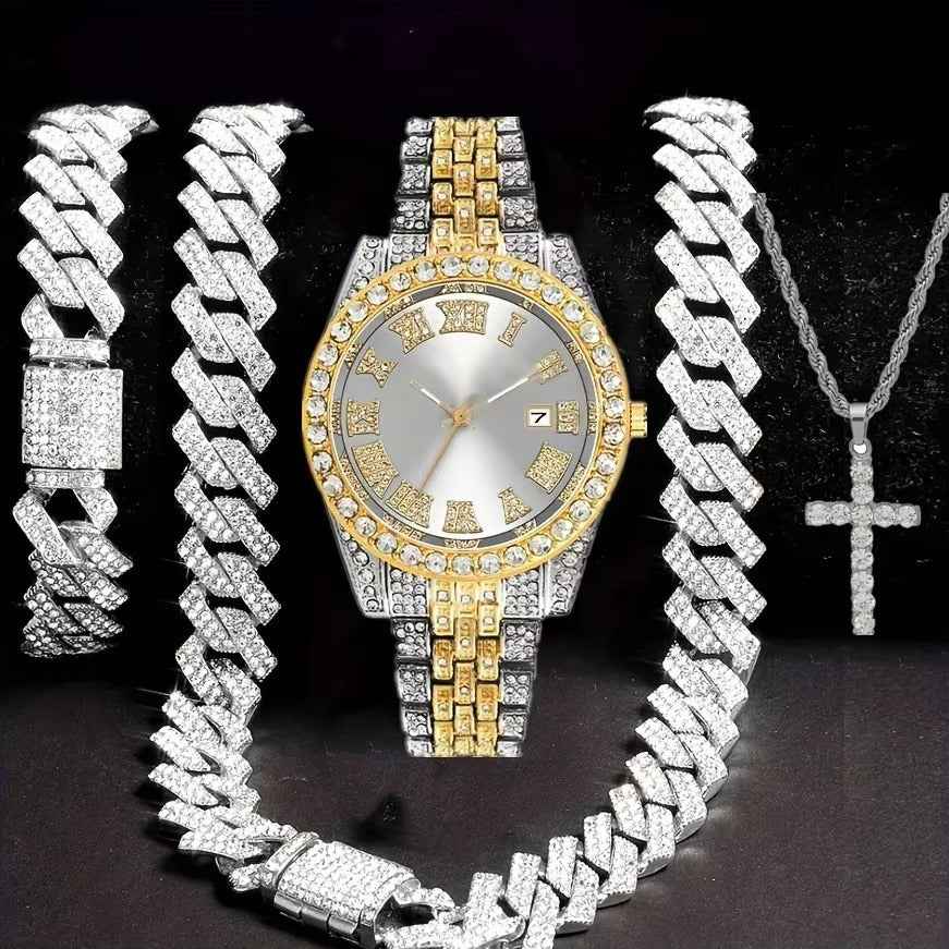 Hip Hop Bracelet Necklace Diamond-embedded Watch Suit featuring a gold and silver watch, iced-out bracelets, and a cross pendant necklace. Ideal for streetwear fashion and urban jewelry collections.