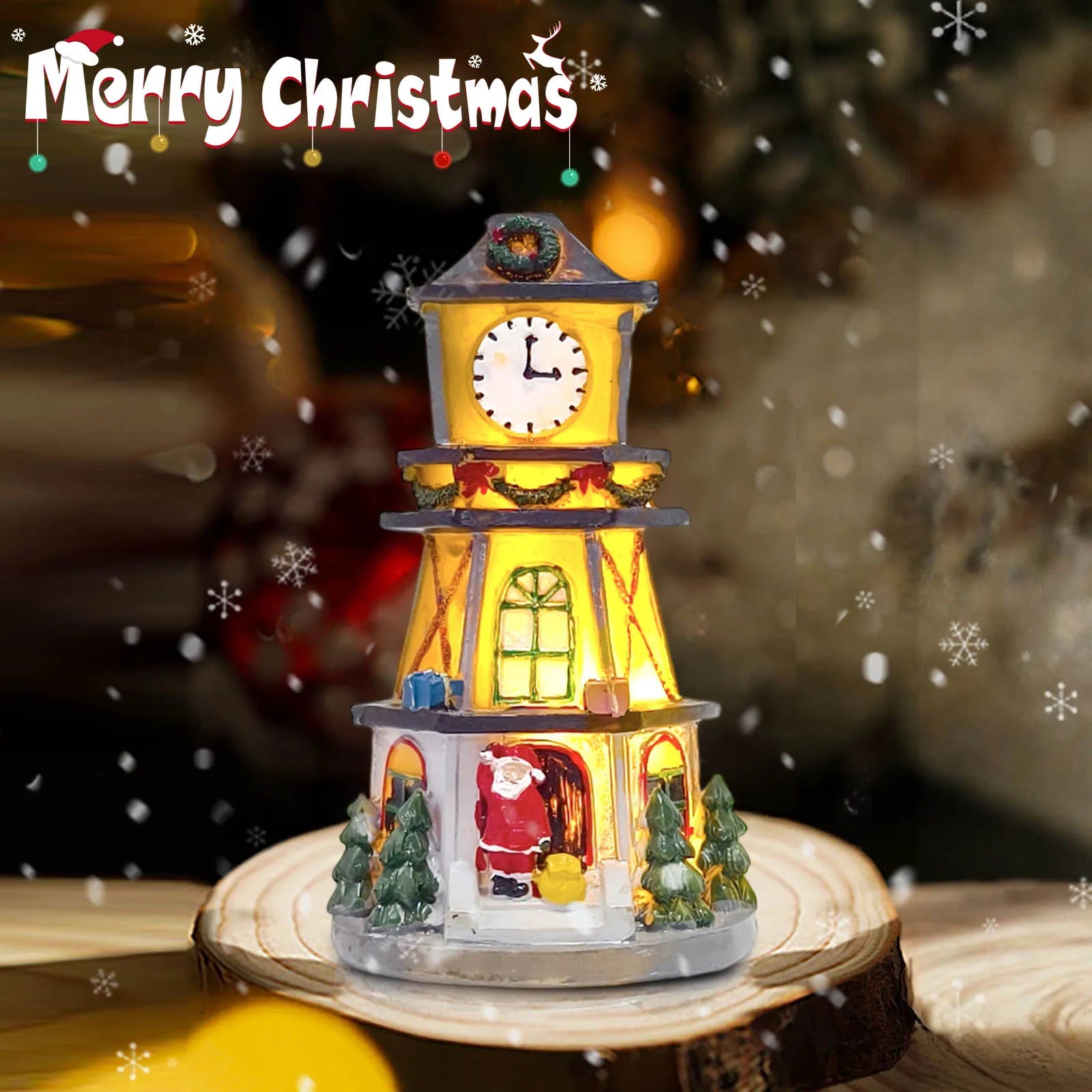 LED Christmas Resin Small House Ornaments Luminous Resin Clock Tower Wonderland Displays or Nightlight Nursery Village House