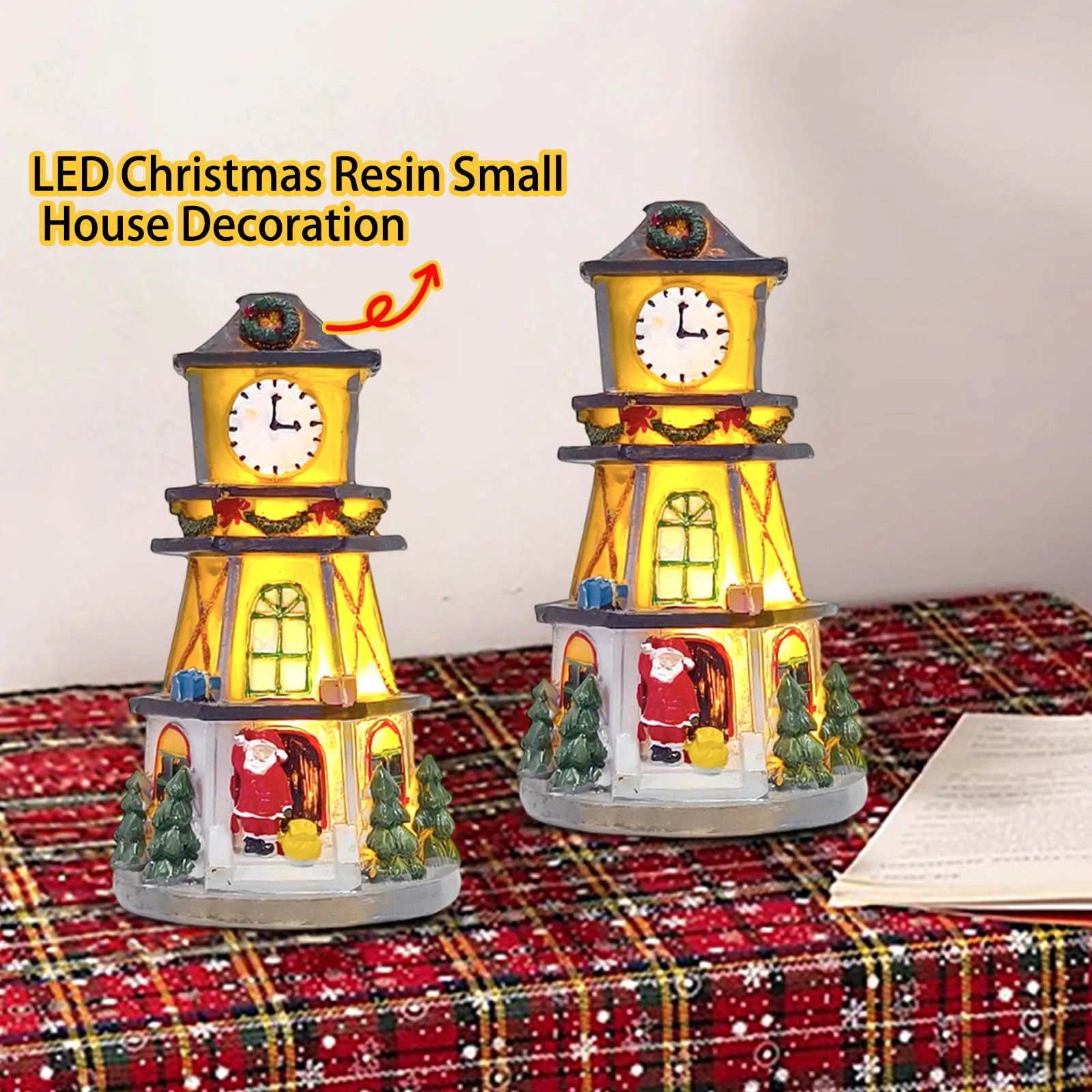 LED Christmas Resin Small House Ornaments Luminous Resin Clock Tower Wonderland Displays or Nightlight Nursery Village House
