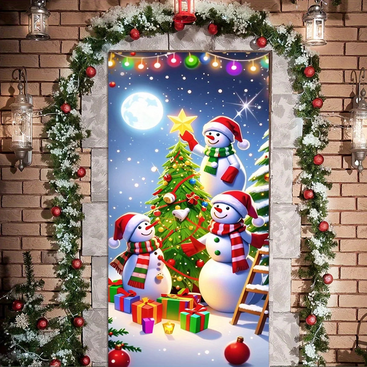 Christmas door casing, snowman decorated Christmas tree, washable to add joy, perfect holiday, entrance and outdoor party