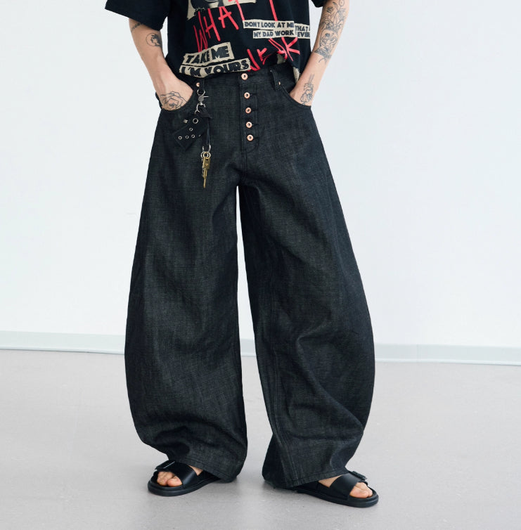 Simple And Versatile Black Raw Denim Wide-leg Jeans